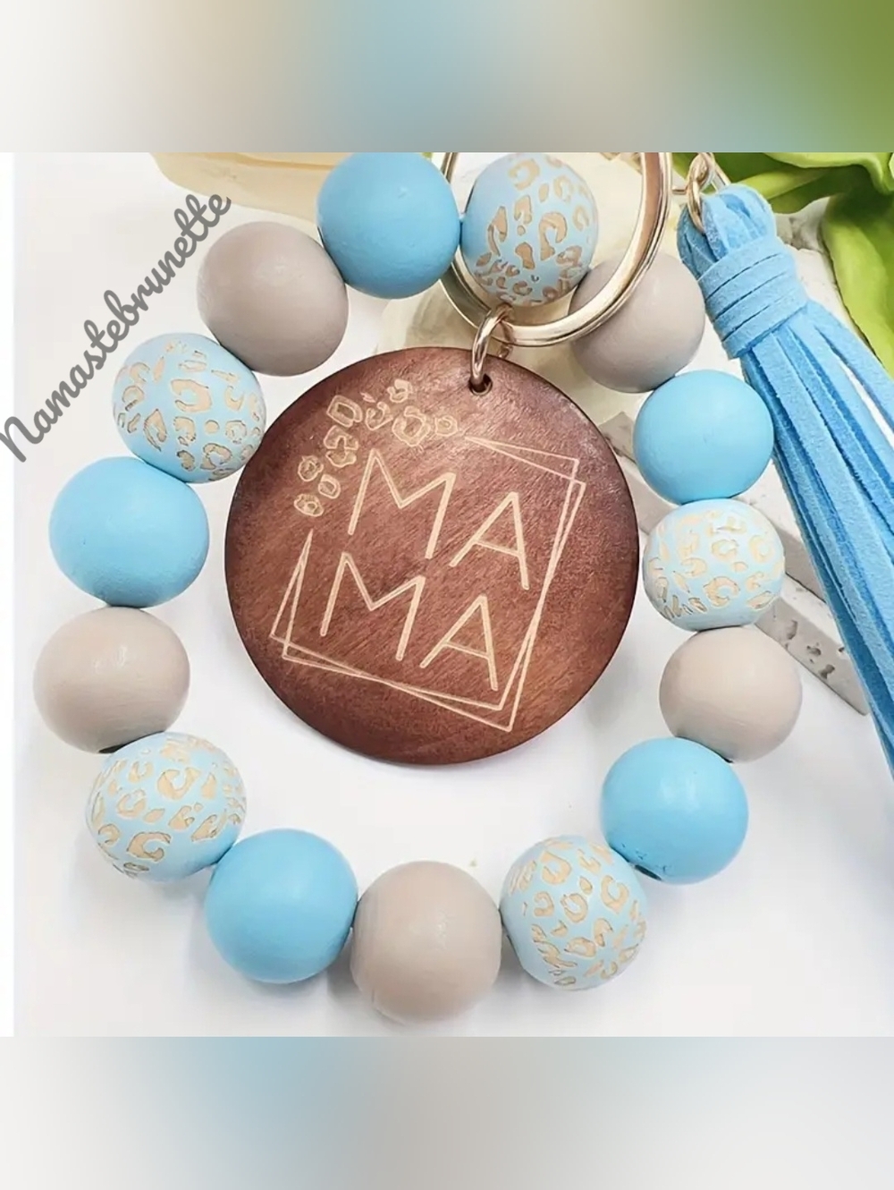 Wooden Beaded Mama Keychain Bag Charm With Blue Tassel